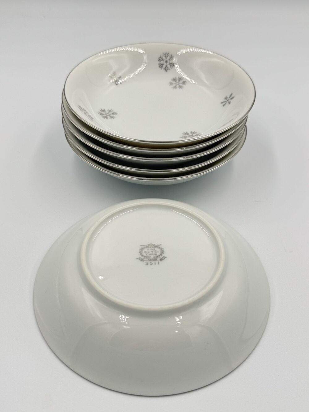 Vintage Seyei Japan Atomic Snowflake Berry Bowls Set of 6 Silver Mid Century